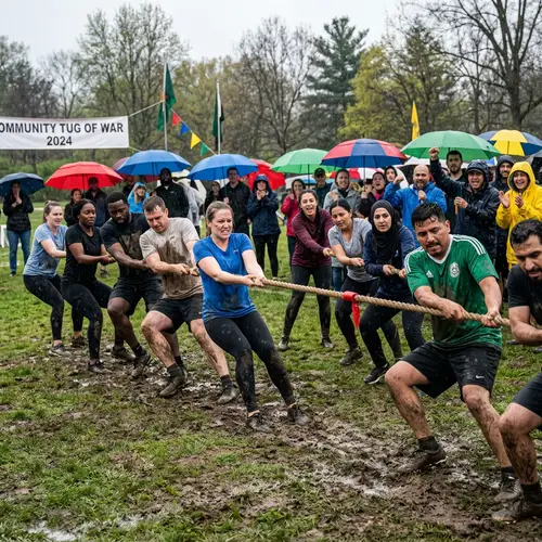 Multicultural Tug of War Competition on Grassy Field