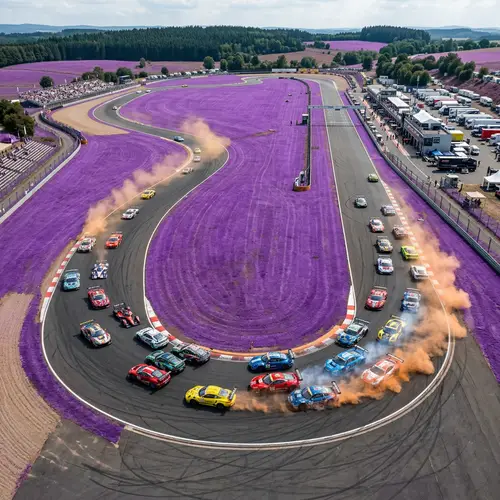 High-Speed Car Races on Unique Purple Grass Track