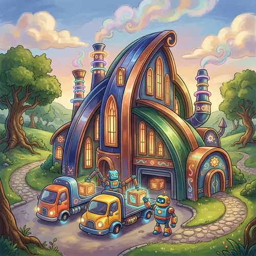 Colorful Future Steel Mill with Robot Workers and Trucks