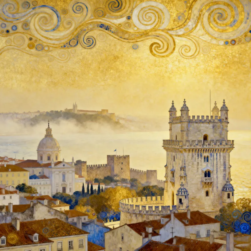Lisbon Skyline in Klimt Style - Atmospheric Art