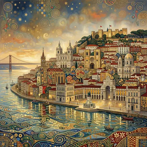Lisbon Skyline in Klimt Style - Atmospheric Art