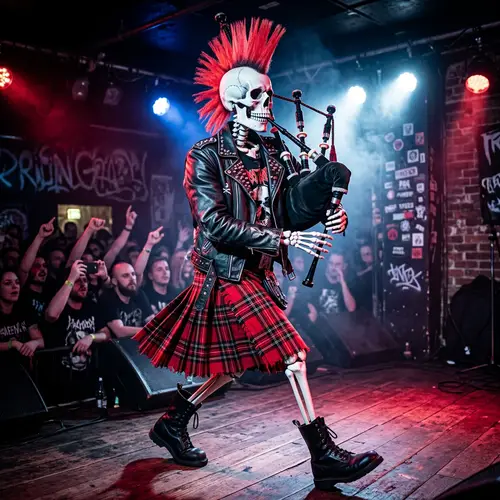 Punk Skeleton with Mohawk Playing Bagpipes in Scottish Attire