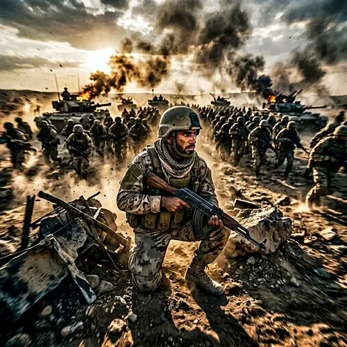 Epic Middle-Eastern Soldier Defending Battlefield from Adversaries