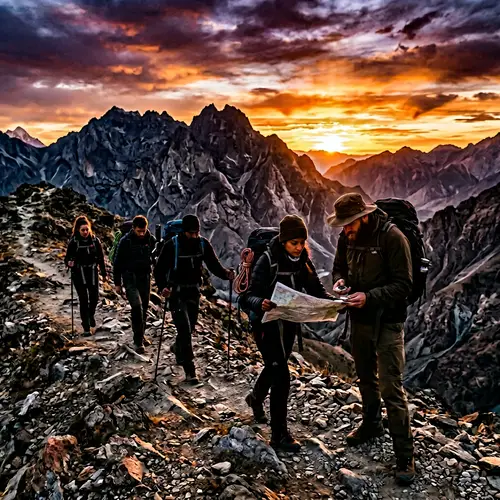 Diverse Explorers Crossing Craggy Mountain Range at Sunset