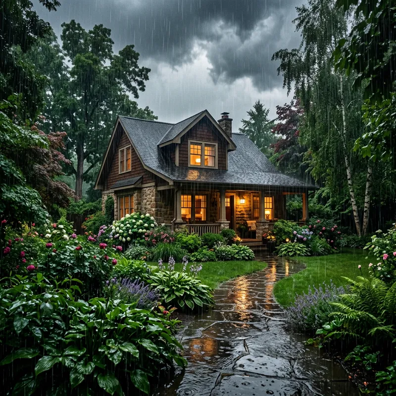 Idyllic Suburban Home in Lush Garden: Rainy Day Beauty Idyllic Suburban Home in Lush Garden: Rainy Day Beauty