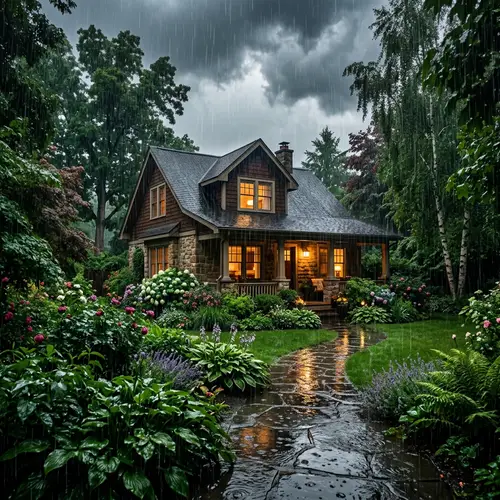 Idyllic Suburban Home in Lush Garden During Rain Shower