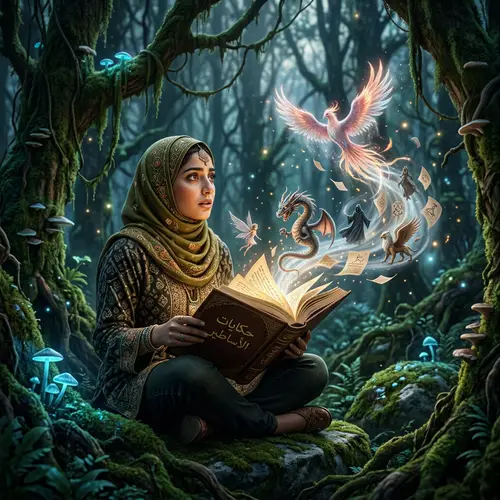 Mystical Forest Encounter: Woman Reading Storybook