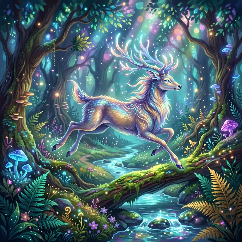 Mystical Creature in Enchanted Forest - Vibrant Fantasy Illustration