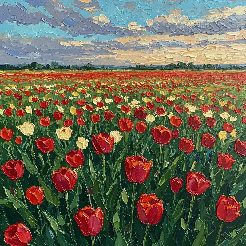 Scarlet Tulips in a Golden Hour Steppe Painting