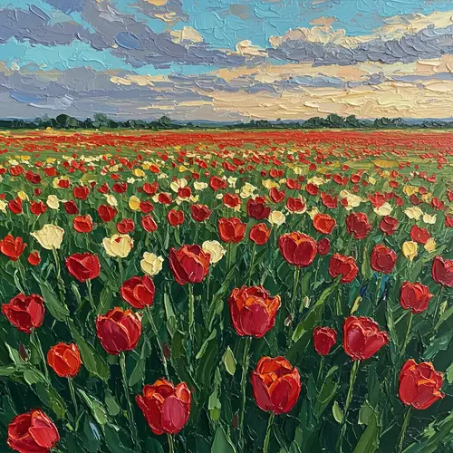 Scarlet Tulips in a Golden Hour Steppe Painting