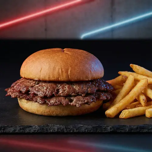 Minimalist Hamburger with Beef Patty and Fries