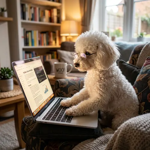 Smart Poodle in Glasses Using a Laptop