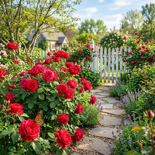 Exquisite Spring Roses Garden | Lush Red Blooms & Butterflies