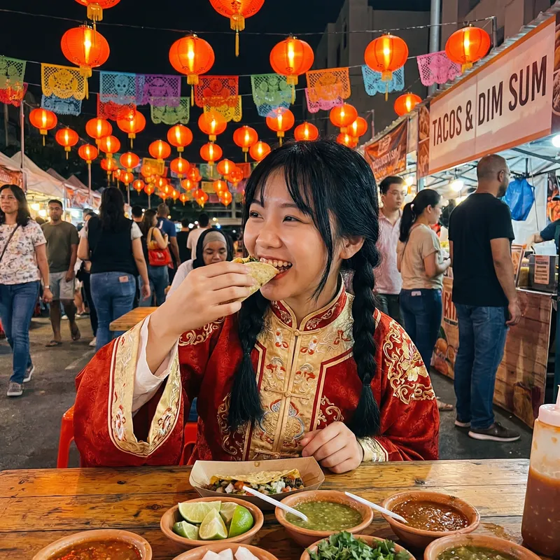 Hu Tao Enjoying Tacos in East Asian-Mexican Fusion