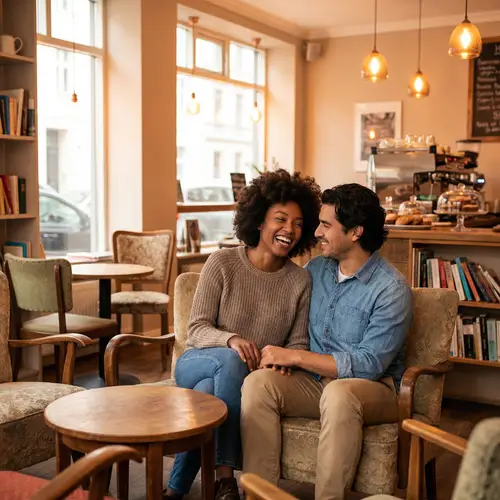 Cozy Coffee Shop Date: Black Woman and Hispanic Man Sharing Laughter