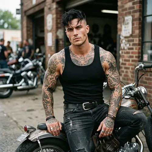 Tatted Biker with Muscular Build and Green Eyes