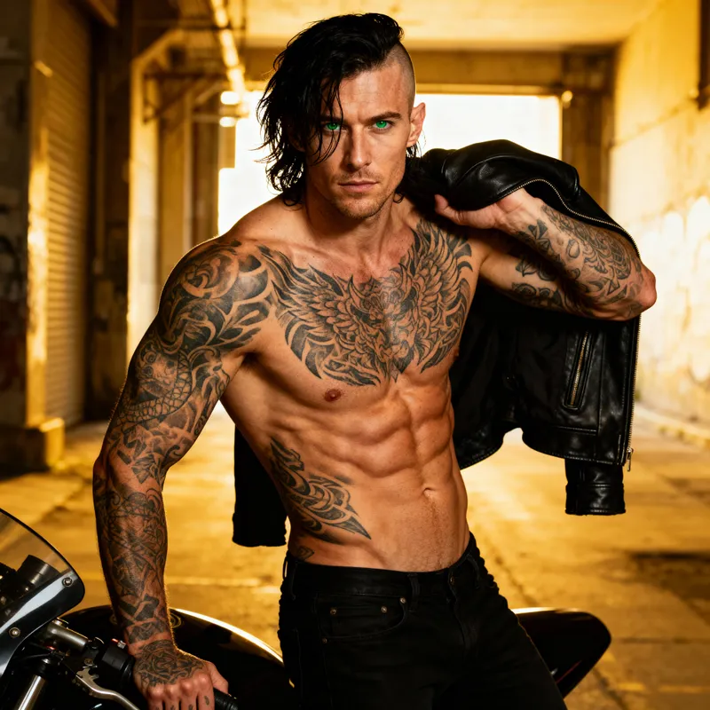 Tatted Biker with Muscular Build and Green Eyes