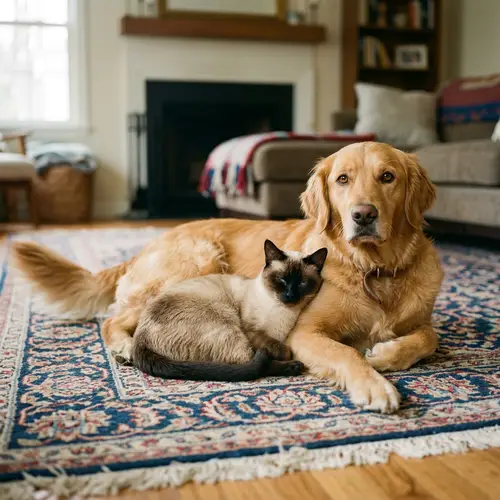 Cat and Dog on Comfortable Rug: Heartwarming Friendship