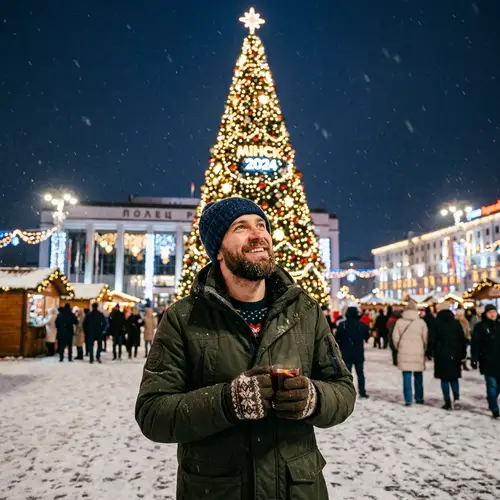 Winter Celebration near Decorated Christmas Tree in Minsk 2024