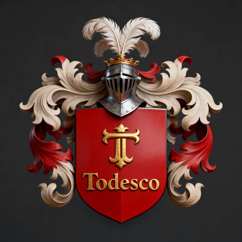 Todesco Family Crest with Helmet and Feather Todesco Family Crest with Helmet and Feather