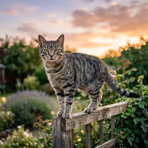 Agile Tabby Cat Balancing on Fence | Enchanting Sunset Scene
