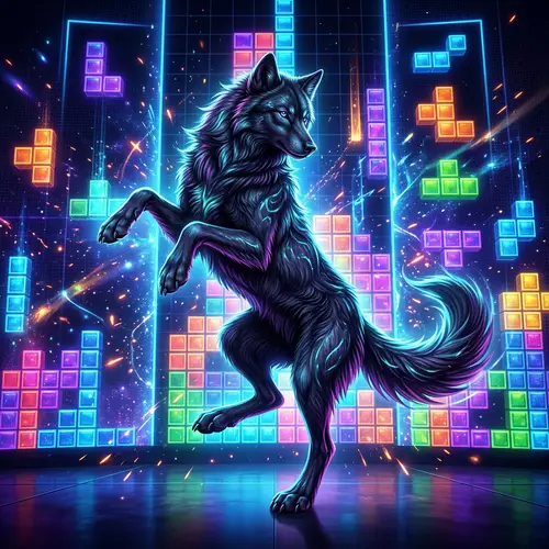 Dynamic Dancing Black Wolf on Tetris Background