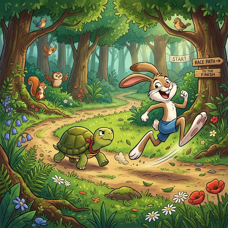 Cartoon Turtle and Rabbit in Forest Race - Classic Tale Animation