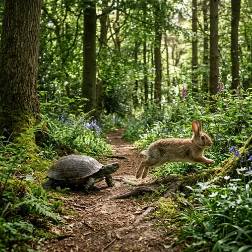 Turtle and Rabbit in Friendly Race Through Lush Forest | Nature Scene