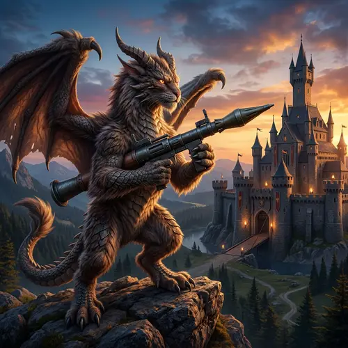 Majestic Dragon-Cat with Bazooka | Mythical Creature Art