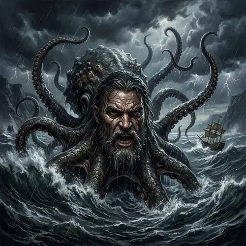 Kraken with Human Face: Mythical Marine Creature in Raging Ocean