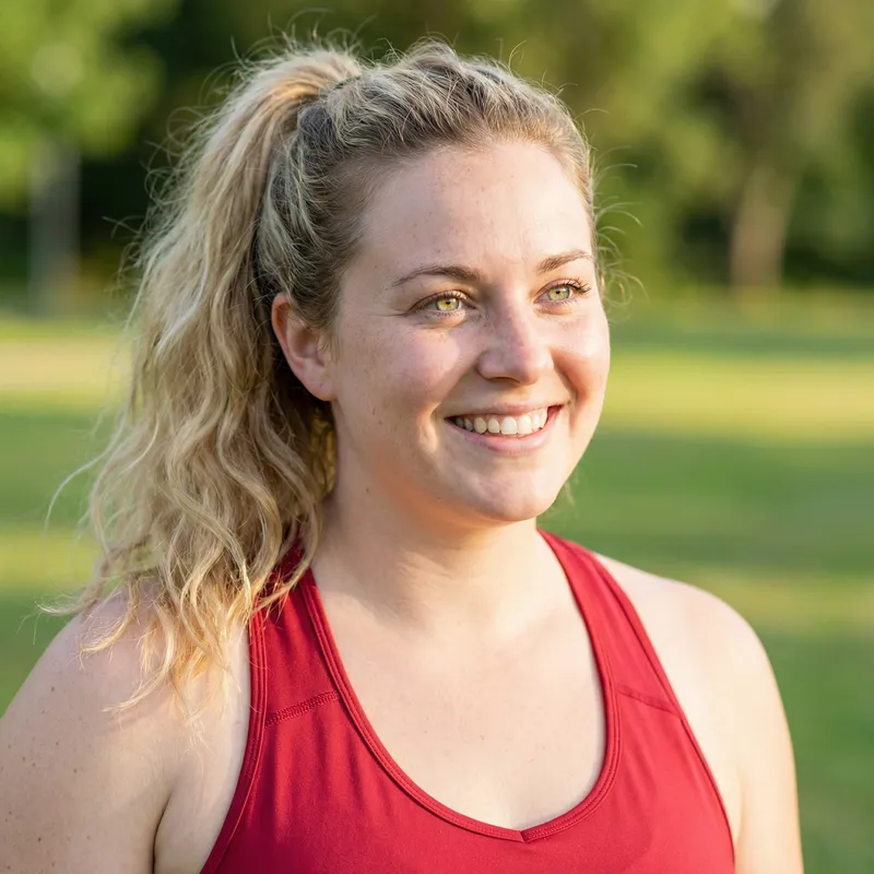 Beautiful Blonde Woman in Red Athletic Top with Freckles