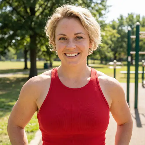 Caucasian Woman with Striking Green Eyes in Red Tank Top | Website Name