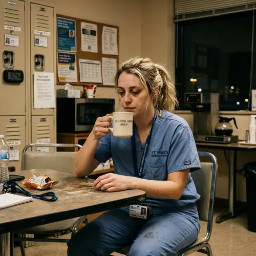 Exhausted Caucasian Female Hospital Employee Coffee Break