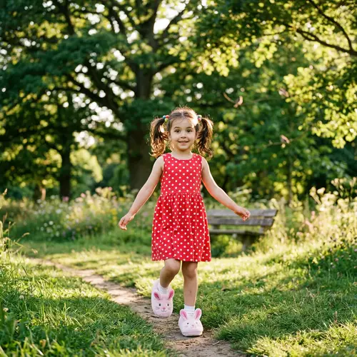 Playful Young Girl with Bright Eyes in Polka-dot Dress