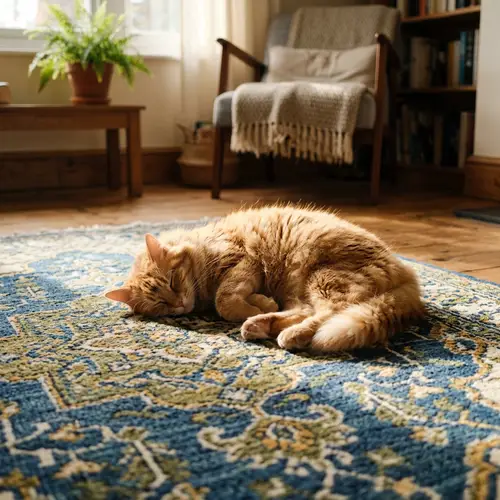 Ginger Cat Sleeping Peacefully on Blue Woven Rug