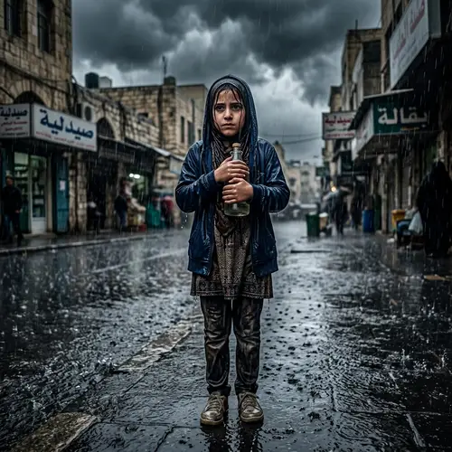 Brave Middle-Eastern Girl in Heavy Rain Shower