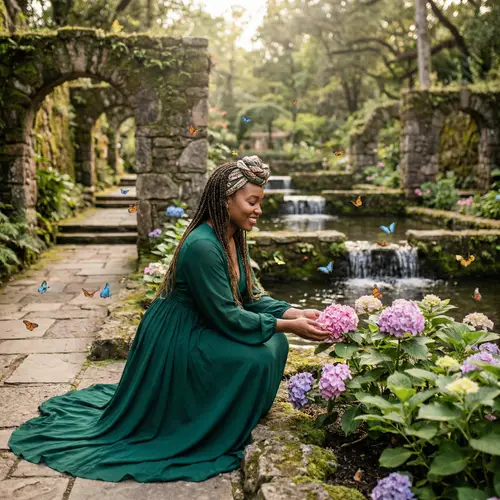 Elegant Black Woman in a Flower Garden with Waterfalls