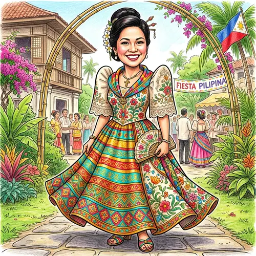 Filipiniana Dress Caricature: Traditional Attire Artwork