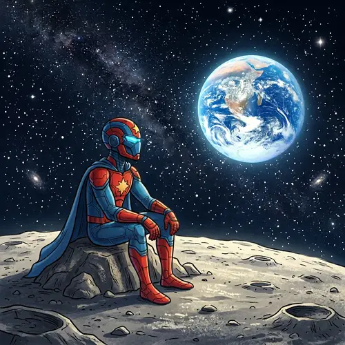 Peaceful Superhero Sitting on Moon, Gazing at Earth | Website Name