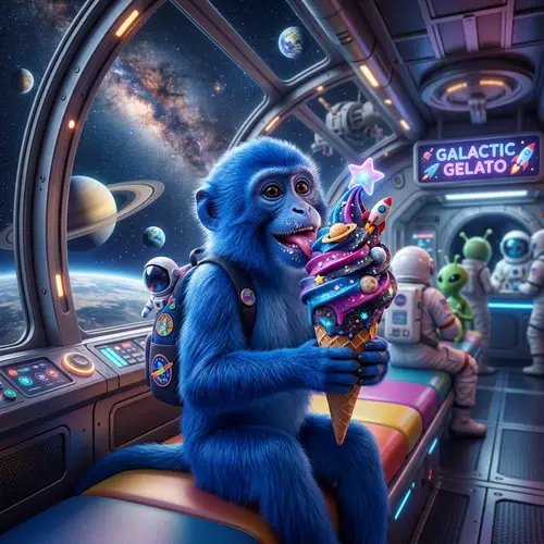 Blue Monkey Eating Space-Themed Ice Cream
