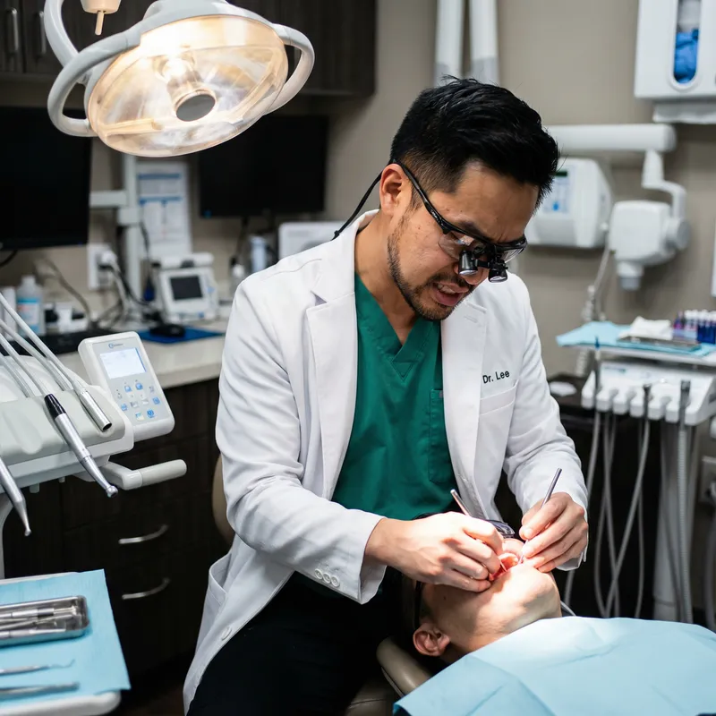 Intense Asian Dentist Dr. Lee Performing Challenging Procedure