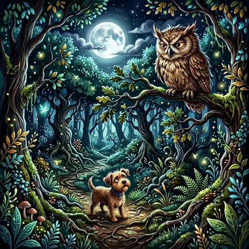 Aerial View of Grumpy Owl and Lost Dog in Dark Forest
