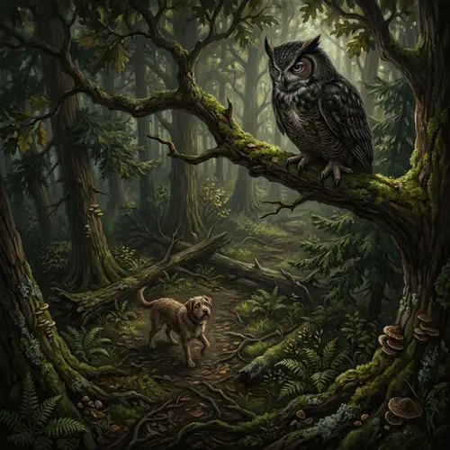 Grumpy Owl Watching Lost Dog in Dark Forest