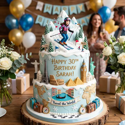 Unique Skiing and Travel Themed Birthday Cake for Her Special Day