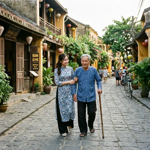 Supportive Vietnamese Woman Helping Elderly Man Walk