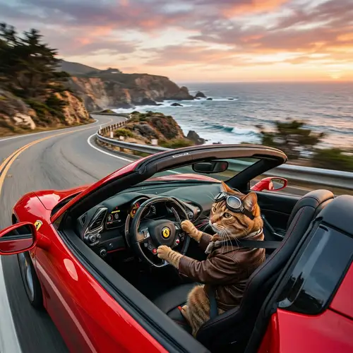 Cat Driving Red Luxury Sport Car