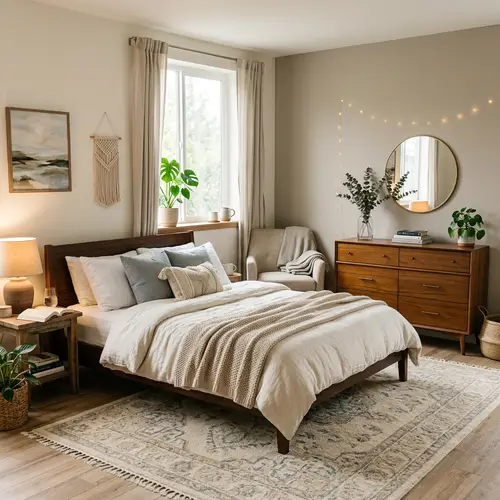 Cozy Bedroom Decor: Queen Bed, Lamp, Dresser & More