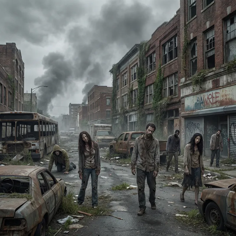 Post-Apocalyptic Zombie Horde: Desolate Streets & Decayed Dwellings