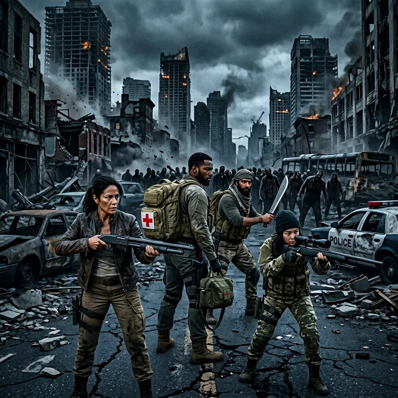 Dystopian Cityscape Survival: Diverse Team vs. Grotesque Horde