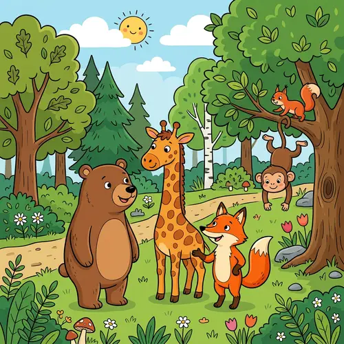 Friendly Forest Scene with Bear, Fox, Giraffe, Monkey, and Squirrel